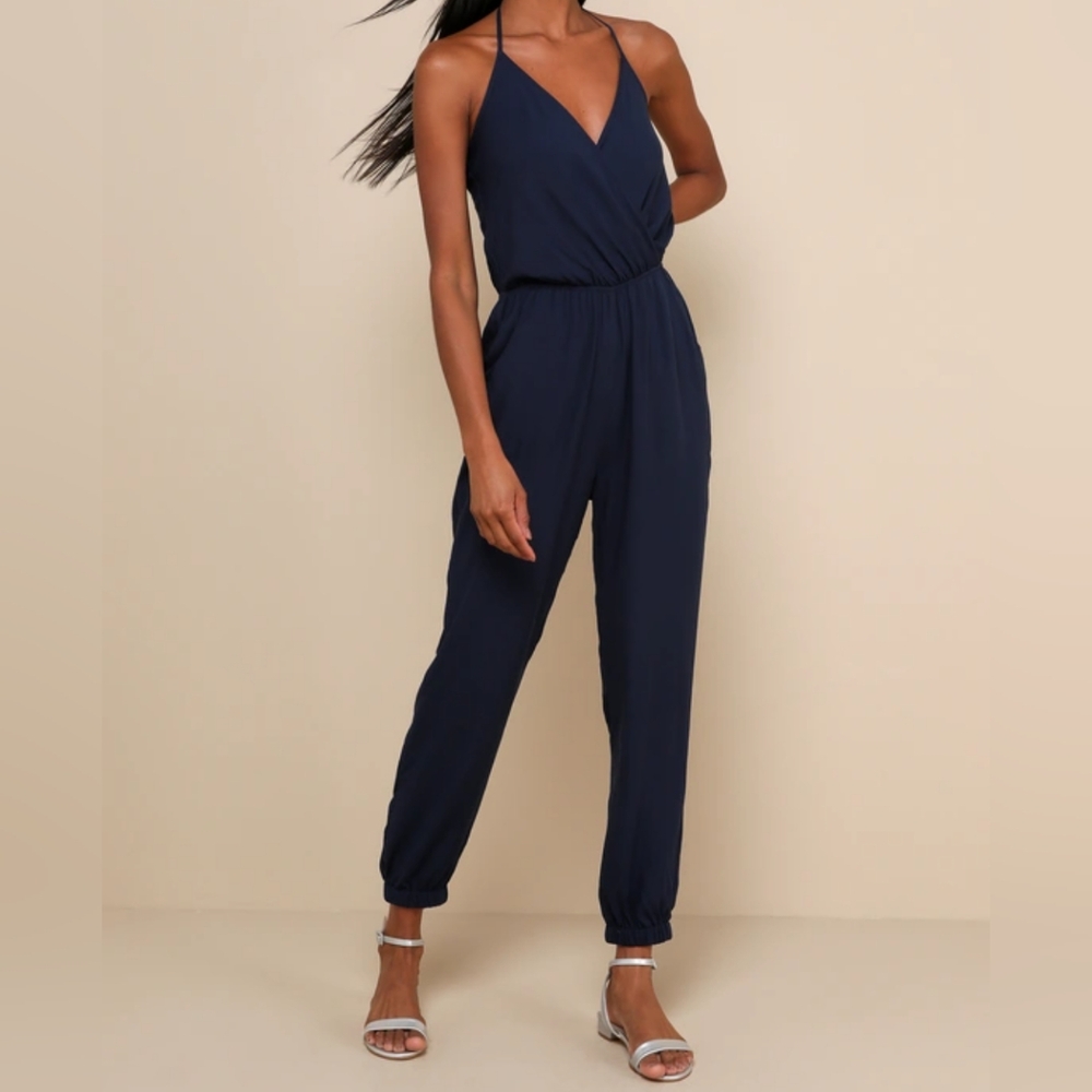 Women's Spaghetti Strap T-back Navy Jumpsuit